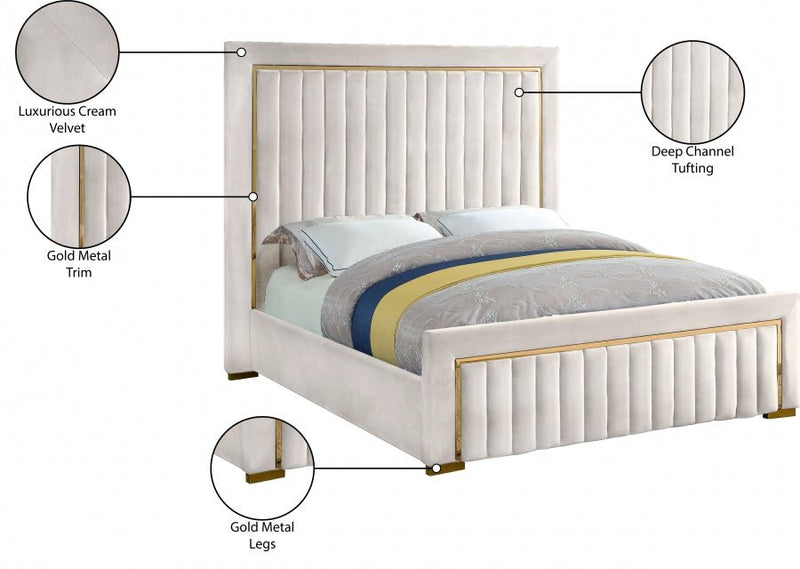 Dolce Velvet Queen Queen Bed (3 Boxes) Cream - Gate FurnitureQueen Bed