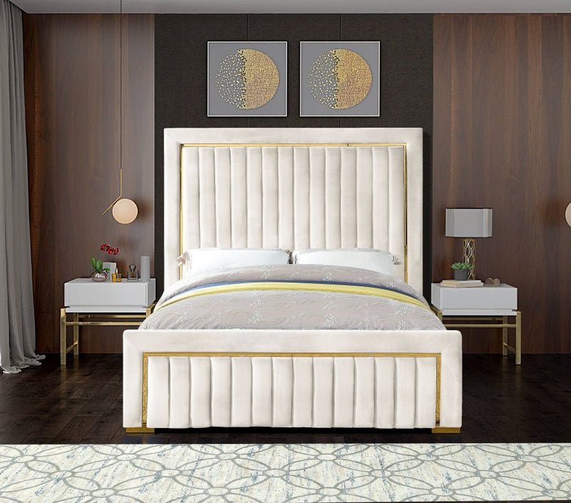 Dolce Velvet Queen Queen Bed (3 Boxes) Cream - Gate FurnitureQueen Bed