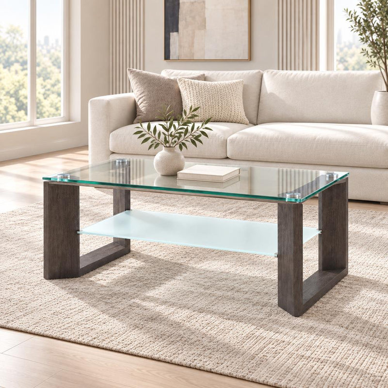 Doppio - Gray Coffee Table with Glass Top and Storage Shelf - T444-C-Table