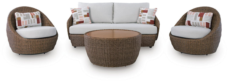 Double Point Outdoor Sofa, Loveseat and 2 Lounge Chairs with Coffee Table in Beige - PKG024029