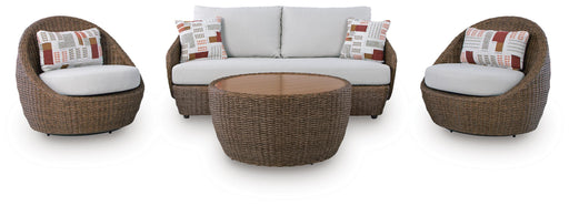 Double Point Outdoor Sofa, Loveseat and 2 Lounge Chairs with Coffee Table in Beige - PKG024029