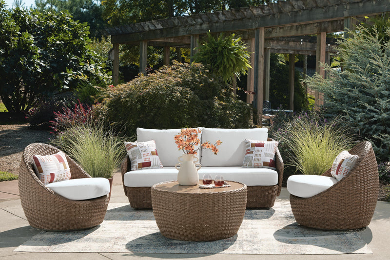 Double Point Outdoor Sofa, Loveseat and 2 Lounge Chairs with Coffee Table in Beige - PKG024029