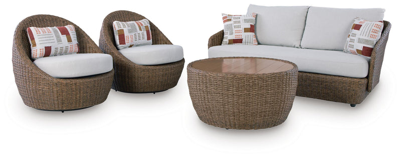 Double Point Outdoor Sofa, Loveseat and 2 Lounge Chairs with Coffee Table in Beige - PKG024029