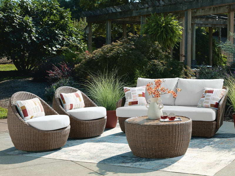 Double Point Outdoor Sofa, Loveseat and 2 Lounge Chairs with Coffee Table in Beige - PKG024029