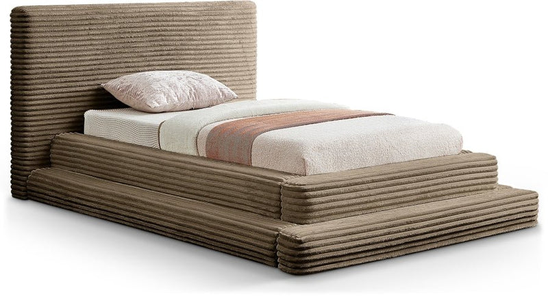 Drew Corduroy Twin Bed (3 Boxes) in Taupe - Gate FurnitureTwin Bed