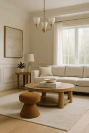 Drum Faux Shearling Teddy Fabric Upholstered Ottoman in Saddle - 195Saddle