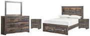 Drystan Full Bookcase Bed with 2 Storage Drawers with Mirrored Dresser and 2 Nightstands in Multi - PKG003236