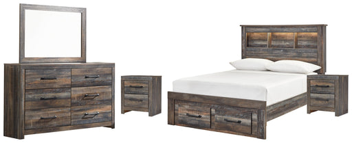 Drystan Full Bookcase Bed with 2 Storage Drawers with Mirrored Dresser and 2 Nightstands in Multi - PKG003236