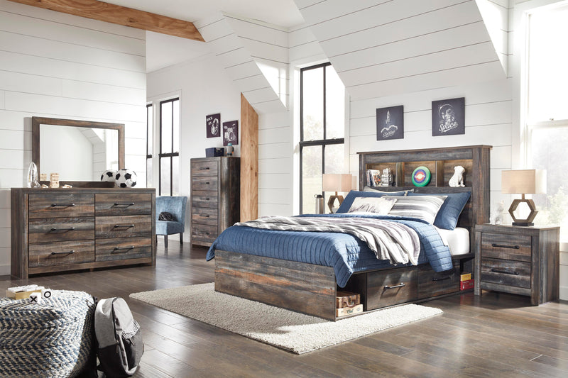 Drystan Full Bookcase Bed with 2 Storage Drawers with Mirrored Dresser and Chest in Multi - PKG003334
