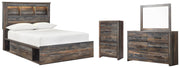 Drystan Full Bookcase Bed with 2 Storage Drawers with Mirrored Dresser and Chest in Multi - PKG003334