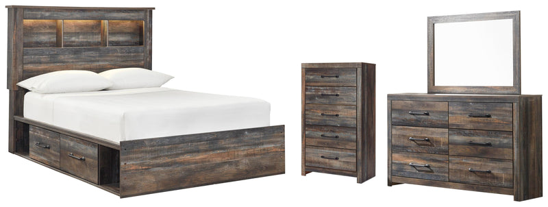 Drystan Full Bookcase Bed with 2 Storage Drawers with Mirrored Dresser and Chest in Multi - PKG003334