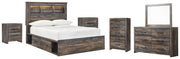 Drystan Full Bookcase Bed with 2 Storage Drawers with Mirrored Dresser, Chest and 2 Nightstands in Multi - PKG003337