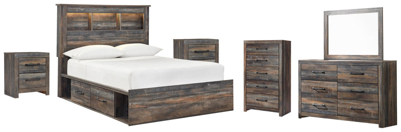 Drystan Full Bookcase Bed with 2 Storage Drawers with Mirrored Dresser, Chest and 2 Nightstands in Multi - PKG003337
