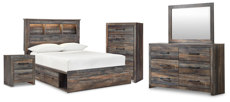 Drystan Full Bookcase Bed with 2 Storage Drawers with Mirrored Dresser, Chest and Nightstand in Multi - PKG003335