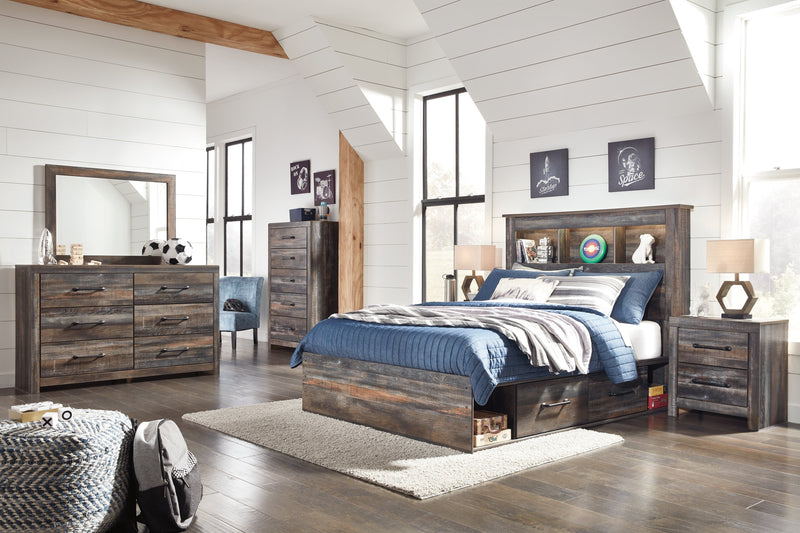 Drystan Full Bookcase Bed with 4 Storage Drawers with Mirrored Dresser, Chest and 2 Nightstands in Multi - PKG003345