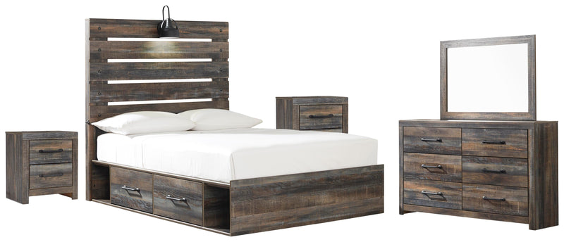 Drystan Full Panel Bed with 2 Storage Drawers with Mirrored Dresser and 2 Nightstands in Multi - PKG003441