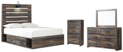 Drystan Full Panel Bed with 2 Storage Drawers with Mirrored Dresser and Chest in Multi - PKG003442
