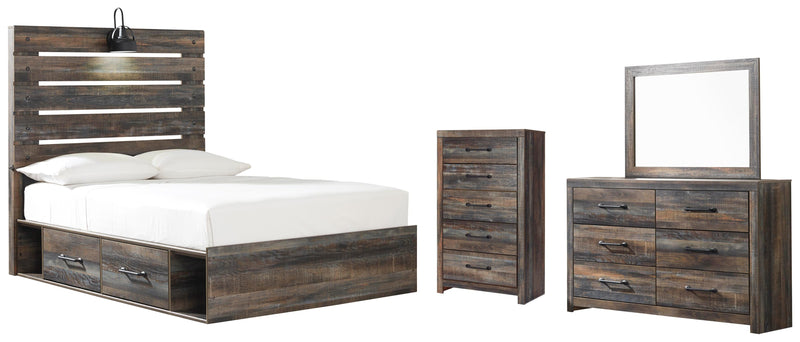 Drystan Full Panel Bed with 2 Storage Drawers with Mirrored Dresser and Chest in Multi - PKG003442