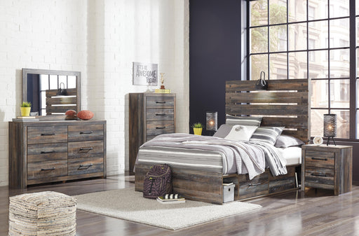 Drystan Full Panel Bed with 2 Storage Drawers with Mirrored Dresser, Chest and 2 Nightstands in Multi - PKG003444