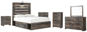Drystan Full Panel Bed with 2 Storage Drawers with Mirrored Dresser, Chest and 2 Nightstands in Multi - PKG003444
