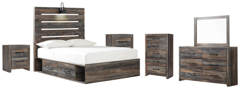 Drystan Full Panel Bed with 2 Storage Drawers with Mirrored Dresser, Chest and 2 Nightstands in Multi - PKG003444