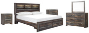Drystan King Bookcase Bed with 2 Storage Drawers with Mirrored Dresser and 2 Nightstands in Multi - PKG003248