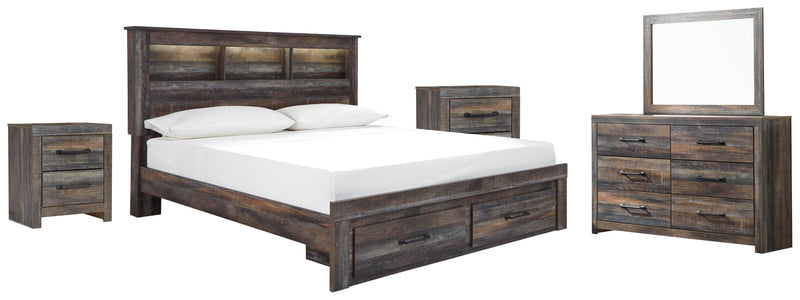 Drystan King Bookcase Bed with 2 Storage Drawers with Mirrored Dresser and 2 Nightstands in Multi - PKG003248