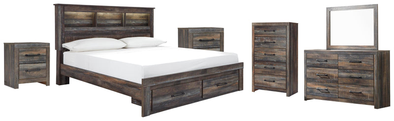 Drystan King Bookcase Bed with 2 Storage Drawers with Mirrored Dresser, Chest and 2 Nightstands in Multi - PKG003251