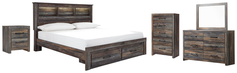 Drystan King Bookcase Bed with 2 Storage Drawers with Mirrored Dresser, Chest and Nightstand in Multi - PKG003250