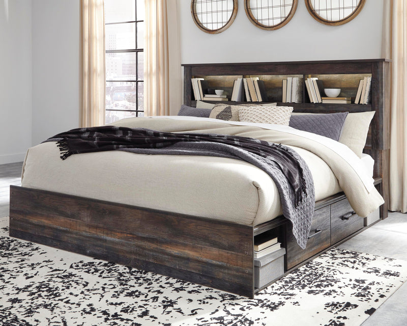 Drystan King Bookcase Bed with 4 Storage Drawers with Mirrored Dresser and 2 Nightstands in Multi - PKG003388