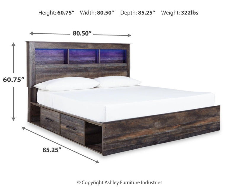 Drystan King Bookcase Bed with 4 Storage Drawers with Mirrored Dresser and 2 Nightstands in Multi - PKG003388