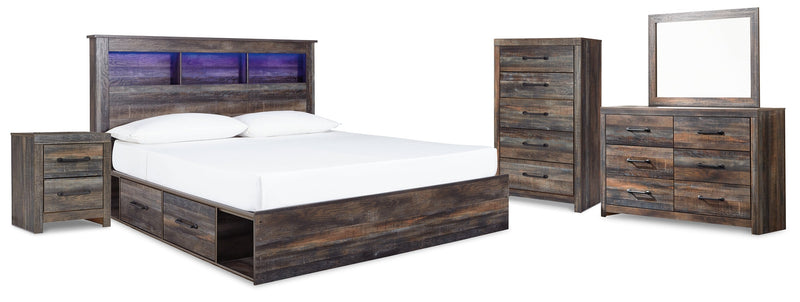 Drystan King Bookcase Bed with 4 Storage Drawers with Mirrored Dresser and 2 Nightstands in Multi - PKG003396