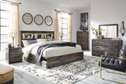 Drystan King Bookcase Bed with 4 Storage Drawers with Mirrored Dresser and 2 Nightstands in Multi - PKG003396
