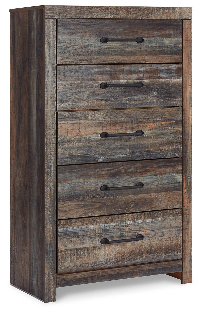 Drystan King Bookcase Bed with 4 Storage Drawers with Mirrored Dresser, Chest and 2 Nightstands in Multi - PKG003398