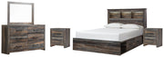 Drystan Queen Bookcase Bed with 2 Storage Drawers, Dresser, Mirror and 2 Nightstands in Multi - PKG003212
