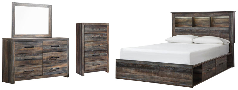 Drystan Queen Bookcase Bed with 2 Storage Drawers, Dresser, Mirror and Chest in Multi - PKG003213
