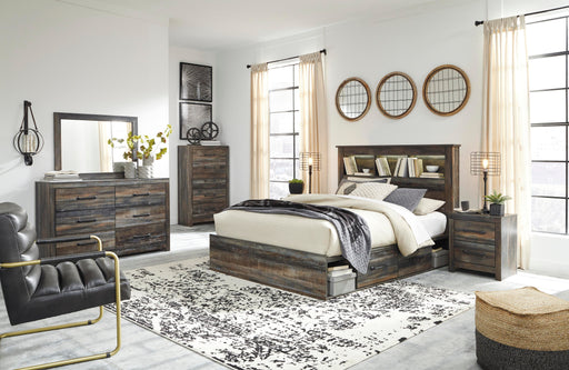 Drystan Queen Bookcase Bed with 2 Storage Drawers, Dresser, Mirror, Chest and 2 Nightstands in Multi - PKG003215