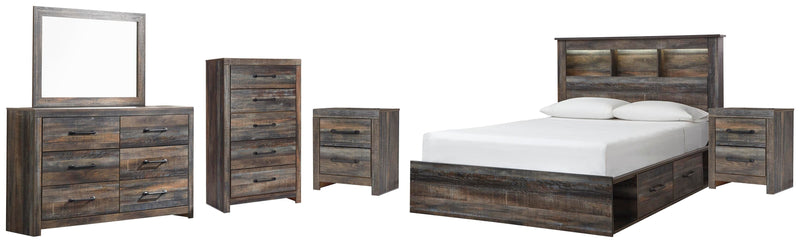 Drystan Queen Bookcase Bed with 2 Storage Drawers, Dresser, Mirror, Chest and 2 Nightstands in Multi - PKG003215