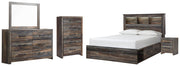 Drystan Queen Bookcase Bed with 2 Storage Drawers, Dresser, Mirror, Chest and Nightstand in Multi - PKG003214