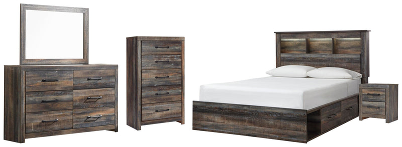 Drystan Queen Bookcase Bed with 2 Storage Drawers, Dresser, Mirror, Chest and Nightstand in Multi - PKG003214