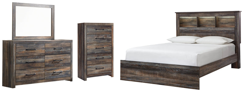 Drystan Queen Bookcase Bed with Mirrored Dresser and Chest in Multi - PKG003207