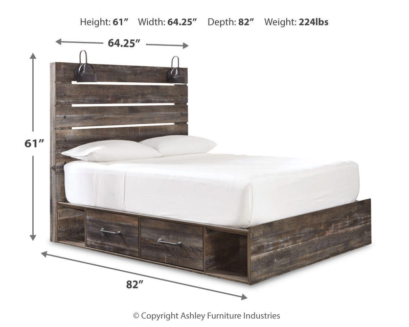 Drystan Queen Panel Bed with 2 Storage Drawers with Mirrored Dresser in Multi - PKG003168