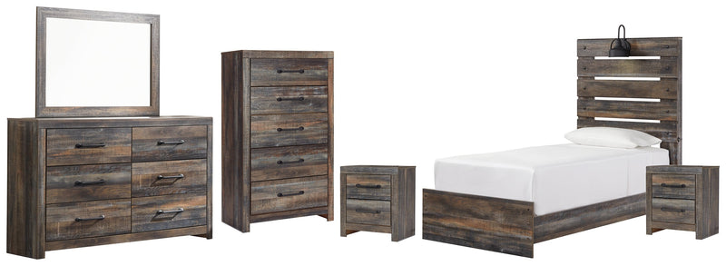Drystan Twin Panel Bed with Mirrored Dresser, Chest and 2 Nightstands in Multi - PKG003227