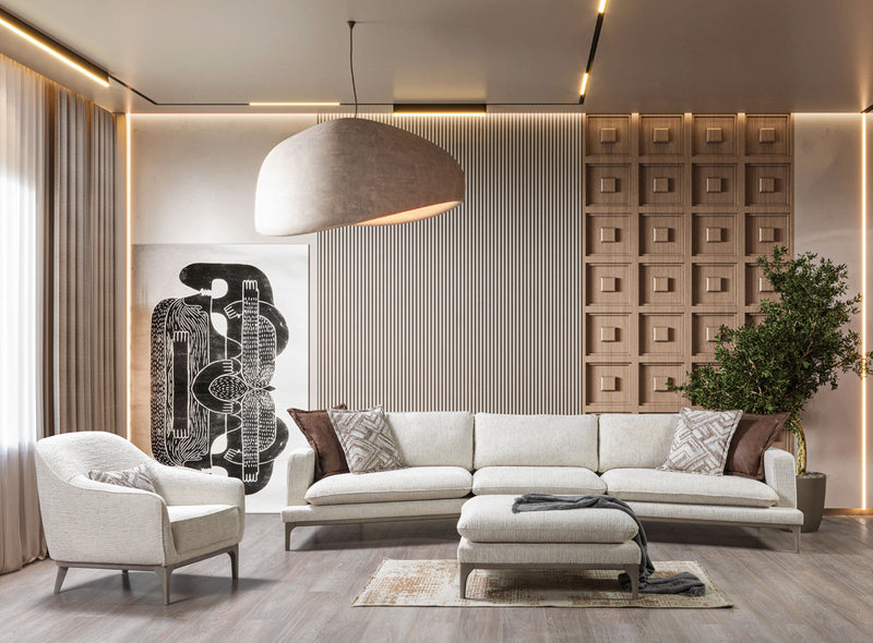 Dylan Ivory Linen 3 - Piece Curved 126" Sectional with Ottoman - Gate FurnitureSectional