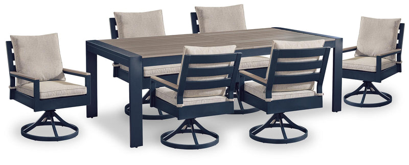 East Beach Outdoor Dining Table and 6 Chairs in Navy Blue/Driftwood - PKG024594