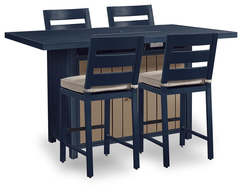 East Beach Outdoor Fire Pit Bar Table and 4 Barstools in Navy Blue/Driftwood - PKG024591