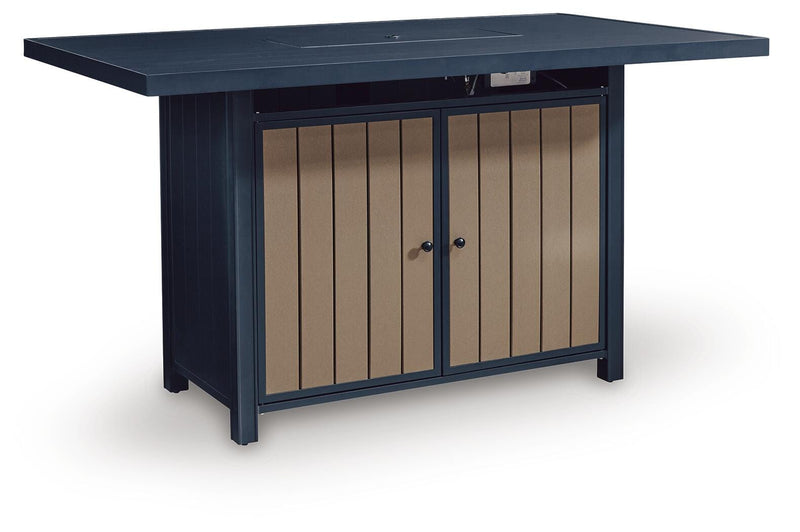 East Beach Outdoor Fire Pit Bar Table and 4 Barstools in Navy Blue/Driftwood - PKG024591