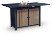 East Beach Outdoor Fire Pit Bar Table and 4 Barstools in Navy Blue/Driftwood - PKG024591