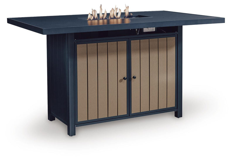 East Beach Outdoor Fire Pit Bar Table and 4 Barstools in Navy Blue/Driftwood - PKG024591