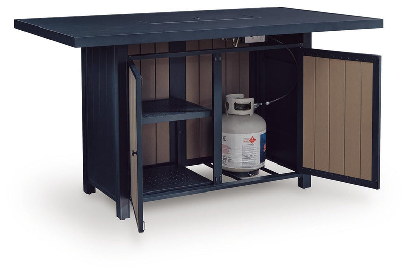 East Beach Outdoor Fire Pit Bar Table and 4 Barstools in Navy Blue/Driftwood - PKG024591